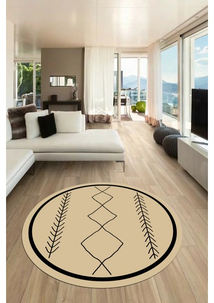 Modern Dijital Yıkanabilir Kaymaz Yuvarlak Salon Halısı Mutfak Halısı, Y-Iskandinav-01-Krem,