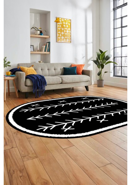 Dijital Kaymaz Yıkanabilir Iskandinav Desen Oval Mutfak Yolluk Salon Halısı, O-Iskandinav-07-Siyah,