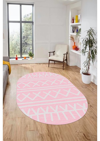 Dijital Kaymaz Yıkanabilir Iskandinav Desen Oval Mutfak Yolluk Salon Halısı, O-Iskandinav-28-Pembe,