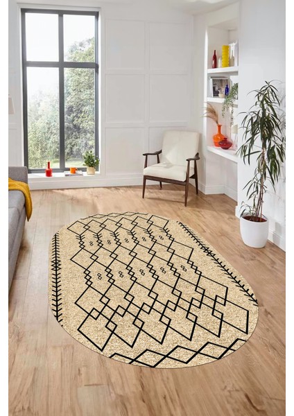 Iskandinav Tasarım Kaymaz Yıkanabilir Oval Yolluk Mutfak Salon Halısı, O-Iskandinav-17-Bej,