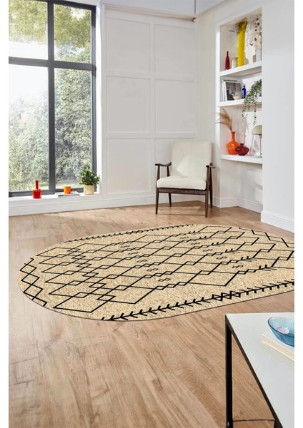 Iskandinav Tasarım Kaymaz Yıkanabilir Oval Yolluk Mutfak Salon Halısı, O-Iskandinav-17-Bej,