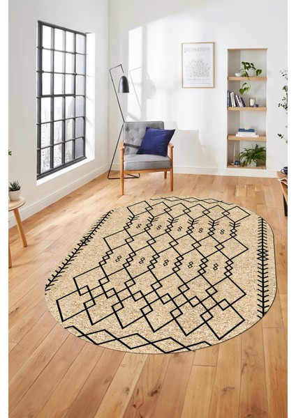 Iskandinav Tasarım Kaymaz Yıkanabilir Oval Yolluk Mutfak Salon Halısı, O-Iskandinav-17-Bej,