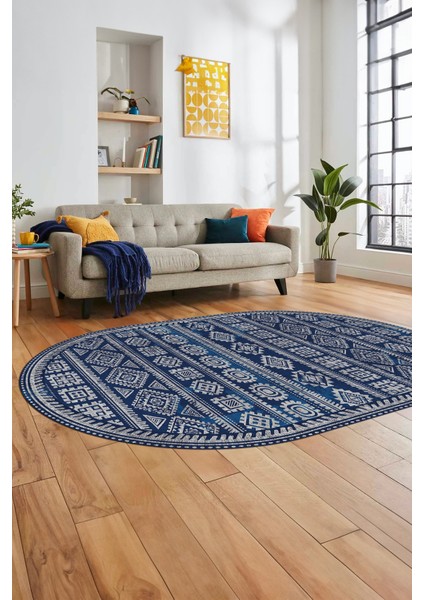 Iskandinav Desen Kaymaz Yıkanabilir Oval Yolluk Mutfak Koridor Salon Halısı, O-Iskandinav-23-Mavi,