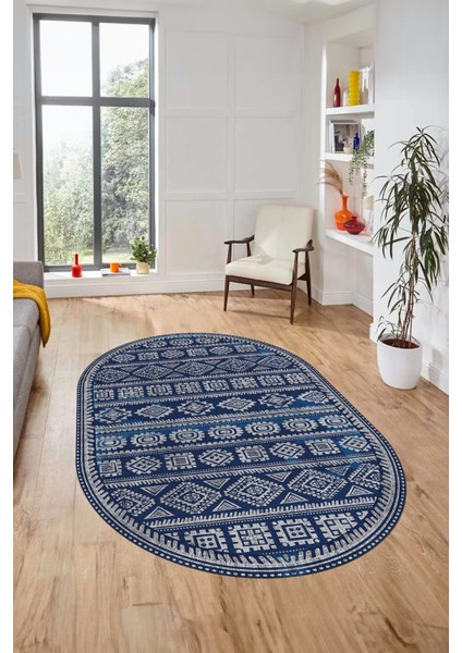 Iskandinav Desen Kaymaz Yıkanabilir Oval Yolluk Mutfak Koridor Salon Halısı, O-Iskandinav-23-Mavi,