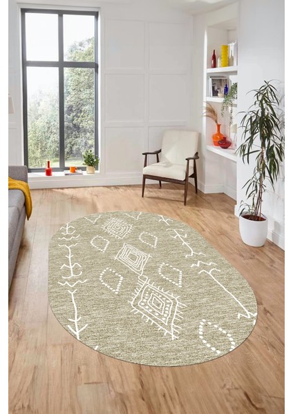 Dijital Kaymaz Yıkanabilir Şık Iskandinav Oval Mutfak Yolluk Salon Halısı, O-Iskandinav-26-Krem,