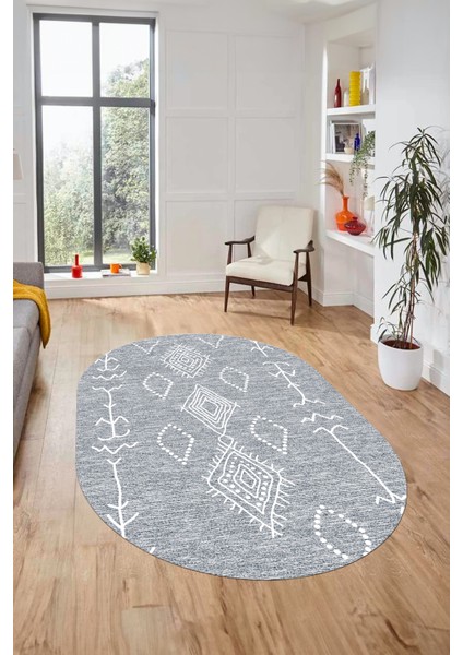 Dijital Kaymaz Yıkanabilir Şık Iskandinav Oval Mutfak Yolluk Salon Halısı, O-Iskandinav-26-Gri,
