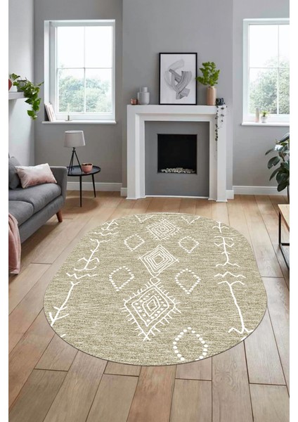 Dijital Kaymaz Yıkanabilir Şık Iskandinav Oval Mutfak Yolluk Salon Halısı, O-Iskandinav-26-Krem, indirimleri