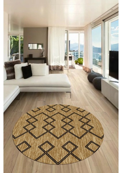 Dijital Kaymaz Yıkanabilir Sade Iskandinav Yuvarlak Mutfak Salon Halısı, Y-Iskandinav-05-Kahve,