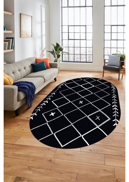 Iskandinav Kaymaz Yıkanabilir Oval Yolluk Salon Halısı Koridor Halısı, O-Iskandinav-18-Lacivert,