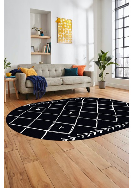 Iskandinav Kaymaz Yıkanabilir Oval Yolluk Salon Halısı Koridor Halısı, O-Iskandinav-18-Lacivert,
