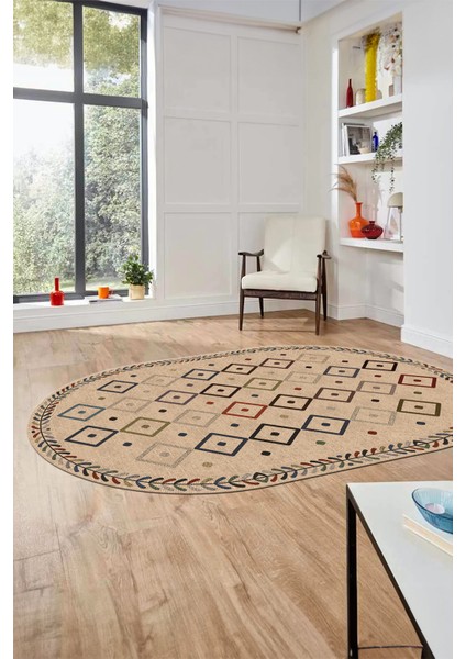 Iskandinav Desenli Kaymaz Taban Yıkanabilir Oval Yolluk Koridor Salon Halısı, O-Iskandinav-21-Bej, modelleri