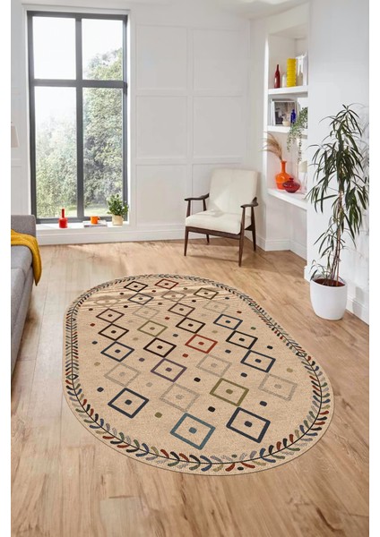 Iskandinav Desenli Kaymaz Taban Yıkanabilir Oval Yolluk Koridor Salon Halısı, O-Iskandinav-21-Bej,