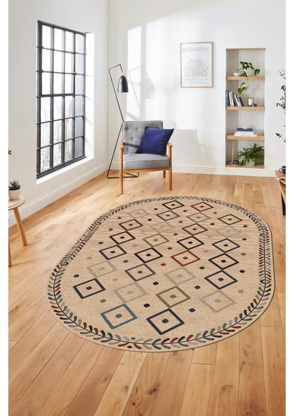 Iskandinav Desenli Kaymaz Taban Yıkanabilir Oval Yolluk Koridor Salon Halısı, O-Iskandinav-21-Bej,