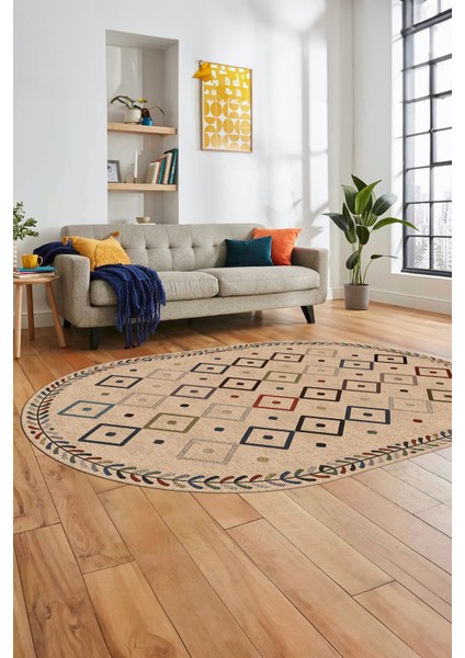 Iskandinav Desenli Kaymaz Taban Yıkanabilir Oval Yolluk Koridor Salon Halısı, O-Iskandinav-21-Bej,