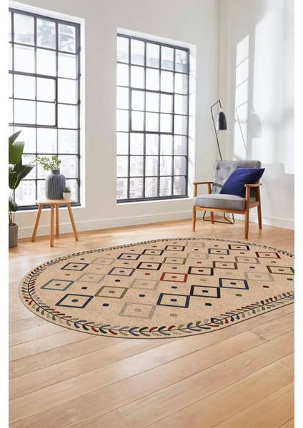 Iskandinav Desenli Kaymaz Taban Yıkanabilir Oval Yolluk Koridor Salon Halısı, O-Iskandinav-21-Bej, indirimleri