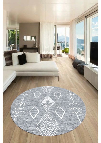 Dijital Kaymaz Yıkanabilir Şık Iskandinav Yuvarlak Mutfak Salon Halısı, Y-Iskandinav-26-Gri,