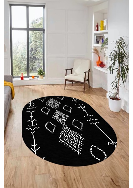 Dijital Kaymaz Yıkanabilir Şık Iskandinav Oval Mutfak Yolluk Salon Halısı, O-Iskandinav-26-Antrasit,