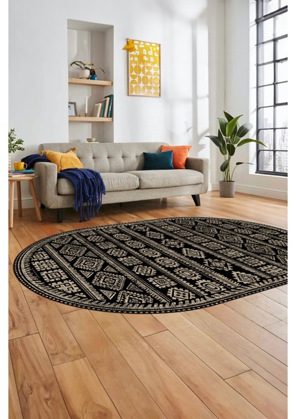 Iskandinav Desen Kaymaz Yıkanabilir Oval Yolluk Mutfak Koridor Salon Halısı, O-Iskandinav-23-Siyah,