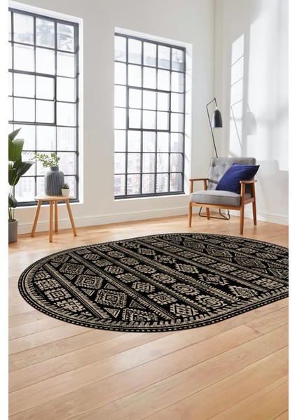 Iskandinav Desen Kaymaz Yıkanabilir Oval Yolluk Mutfak Koridor Salon Halısı, O-Iskandinav-23-Siyah, indirimleri
