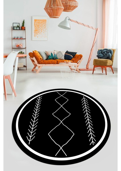 Modern Dijital Yıkanabilir Kaymaz Yuvarlak Salon Halısı Mutfak Halısı, Y-Iskandinav-01-Siyah,