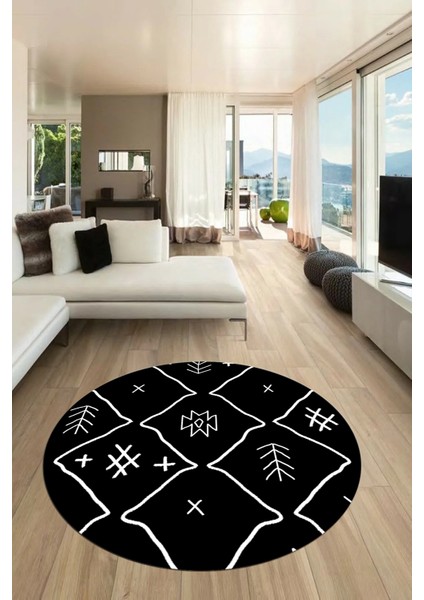 Dijital Kaymaz Yıkanabilir Iskandinav Desen Yuvarlak Mutfak Salon Halısı, Y-Iskandinav-04-Siyah, fiyatları