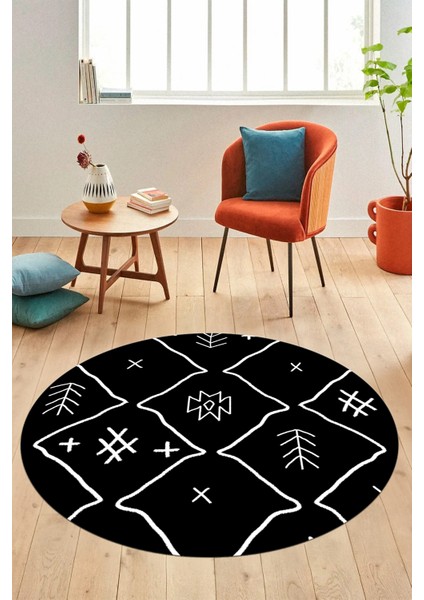 Dijital Kaymaz Yıkanabilir Iskandinav Desen Yuvarlak Mutfak Salon Halısı, Y-Iskandinav-04-Siyah, modelleri