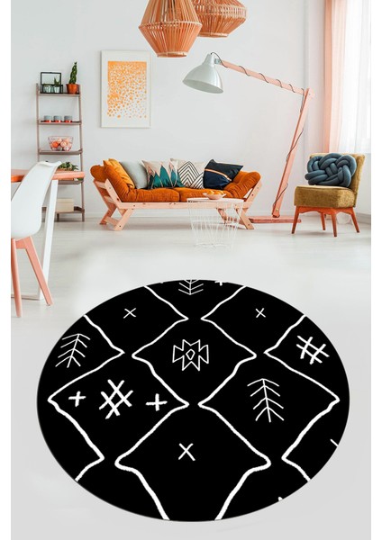 Dijital Kaymaz Yıkanabilir Iskandinav Desen Yuvarlak Mutfak Salon Halısı, Y-Iskandinav-04-Siyah, fırsatları
