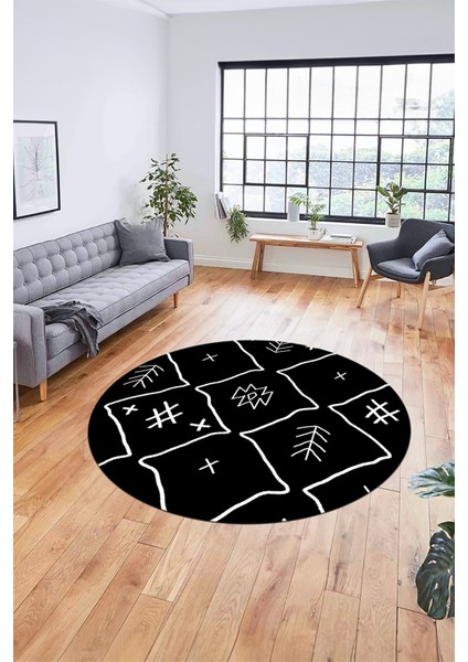 Dijital Kaymaz Yıkanabilir Iskandinav Desen Yuvarlak Mutfak Salon Halısı, Y-Iskandinav-04-Siyah, indirimleri