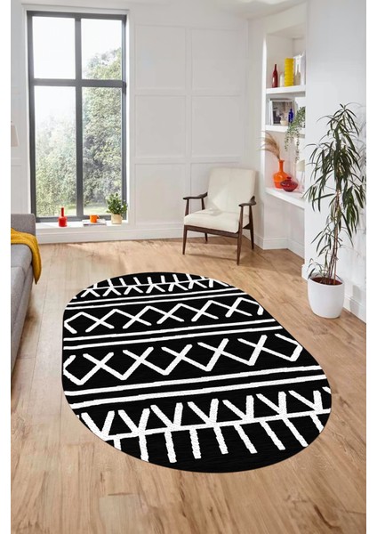 Dijital Kaymaz Yıkanabilir Iskandinav Desen Oval Mutfak Yolluk Salon Halısı, O-Iskandinav-28-Siyah,