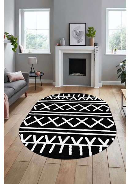 Dijital Kaymaz Yıkanabilir Iskandinav Desen Oval Mutfak Yolluk Salon Halısı, O-Iskandinav-28-Siyah, indirimleri