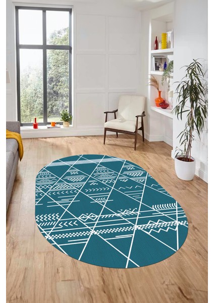 Iskandinav Desen Kaymaz Yıkanabilir Oval Yolluk Koridor Salon Halısı, O-Iskandinav-20-Turkuaz, modelleri
