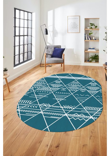 Iskandinav Desen Kaymaz Yıkanabilir Oval Yolluk Koridor Salon Halısı, O-Iskandinav-20-Turkuaz, indirimleri