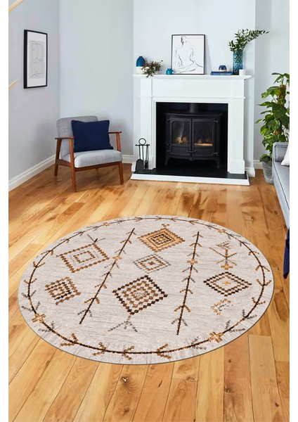 Iskandinav Desen Dijital Kaymaz Yıkanabilir Yuvarlak Mutfak Salon Halısı, Y-Iskandinav-11-Bej, fırsatları