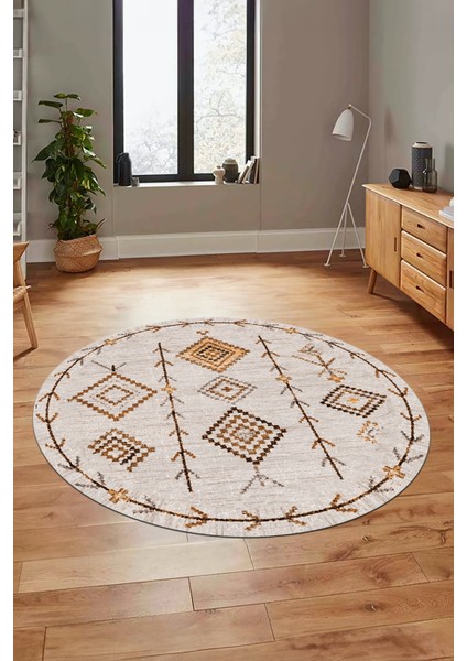 Iskandinav Desen Dijital Kaymaz Yıkanabilir Yuvarlak Mutfak Salon Halısı, Y-Iskandinav-11-Bej, indirimleri