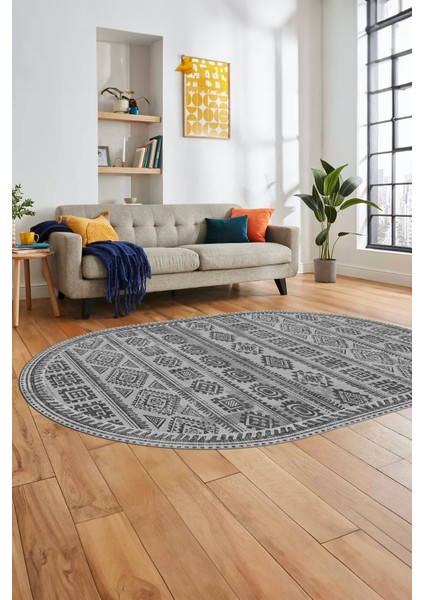 Iskandinav Desen Kaymaz Yıkanabilir Oval Yolluk Mutfak Koridor Salon Halısı, O-Iskandinav-23-Gri,