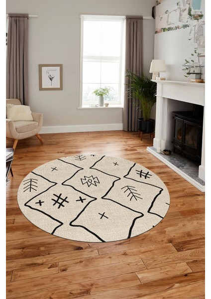 Dijital Kaymaz Yıkanabilir Iskandinav Desen Yuvarlak Mutfak Salon Halısı, Y-Iskandinav-04-Krem,
