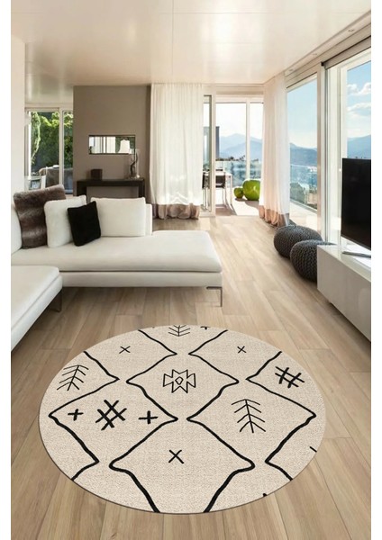 Dijital Kaymaz Yıkanabilir Iskandinav Desen Yuvarlak Mutfak Salon Halısı, Y-Iskandinav-04-Krem, fiyatları