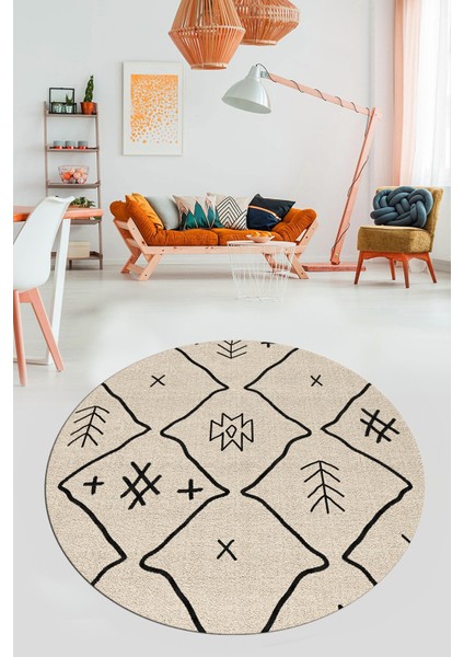 Dijital Kaymaz Yıkanabilir Iskandinav Desen Yuvarlak Mutfak Salon Halısı, Y-Iskandinav-04-Krem, fırsatları