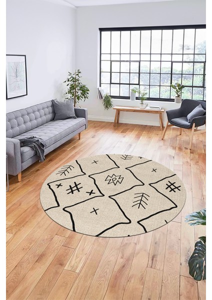 Dijital Kaymaz Yıkanabilir Iskandinav Desen Yuvarlak Mutfak Salon Halısı, Y-Iskandinav-04-Krem, indirimleri