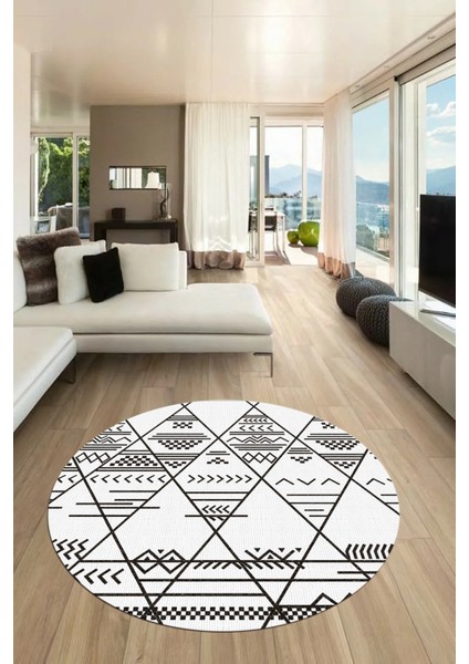 Iskandinav Desen Dijital Kaymaz Yıkanabilir Yuvarlak Salon Halısı, Y-Iskandinav-20-Beyaz,