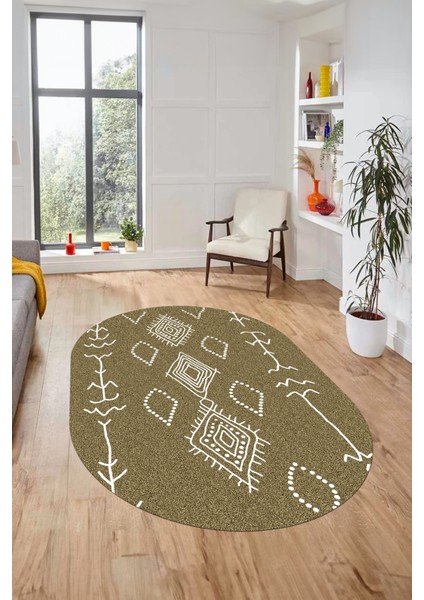 Dijital Kaymaz Yıkanabilir Şık Iskandinav Oval Mutfak Yolluk Salon Halısı, O-Iskandinav-26-Bej,