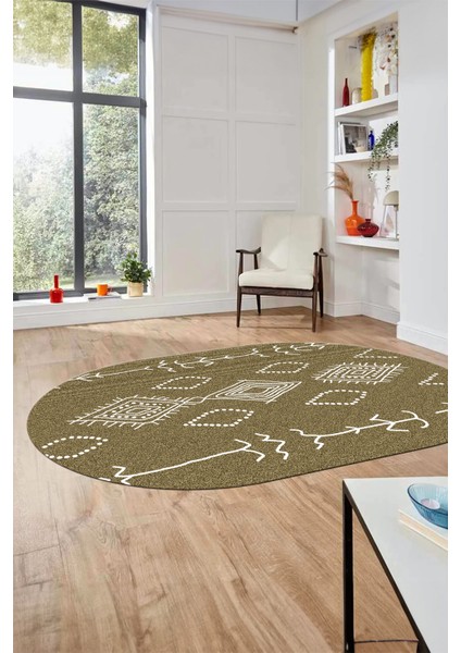 Dijital Kaymaz Yıkanabilir Şık Iskandinav Oval Mutfak Yolluk Salon Halısı, O-Iskandinav-26-Bej,