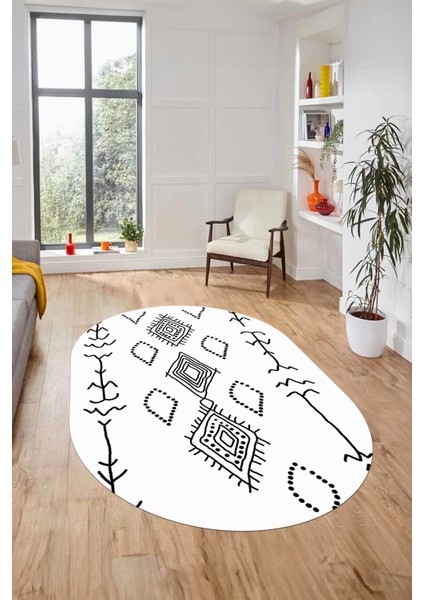 Dijital Kaymaz Yıkanabilir Şık Iskandinav Oval Mutfak Yolluk Salon Halısı, O-Iskandinav-26-Beyaz,