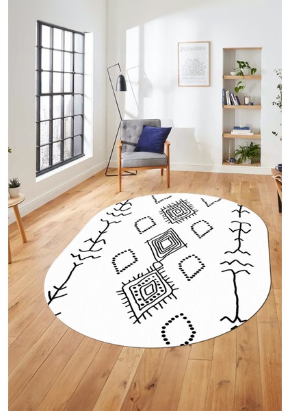 Dijital Kaymaz Yıkanabilir Şık Iskandinav Oval Mutfak Yolluk Salon Halısı, O-Iskandinav-26-Beyaz, modelleri