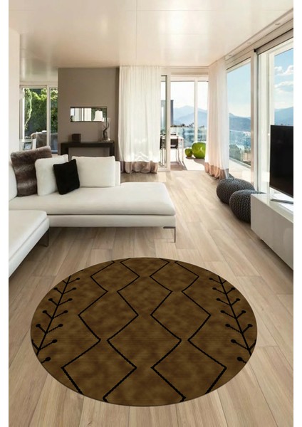 Dijital Kaymaz Yıkanabilir Şık Iskandinav Desen Yuvarlak Mutfak Salon Halısı, Y-Iskandinav-06-Kahve,