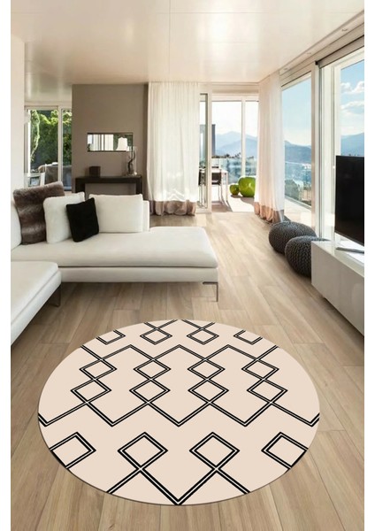 Dijital Kaymaz Yıkanabilir Sade Iskandinav Yuvarlak Mutfak Salon Halısı, Y-Iskandinav-05-Krem,