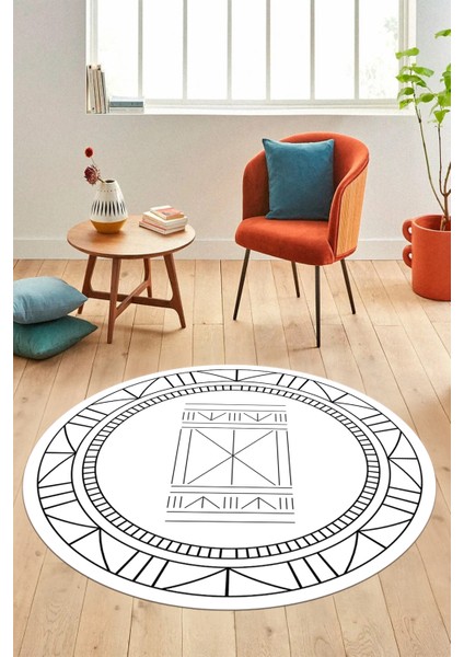 Dijital Kaymaz Yıkanabilir Iskandinav Desen Yuvarlak Mutfak Salon Halısı, Y-Iskandinav-09-Beyaz,