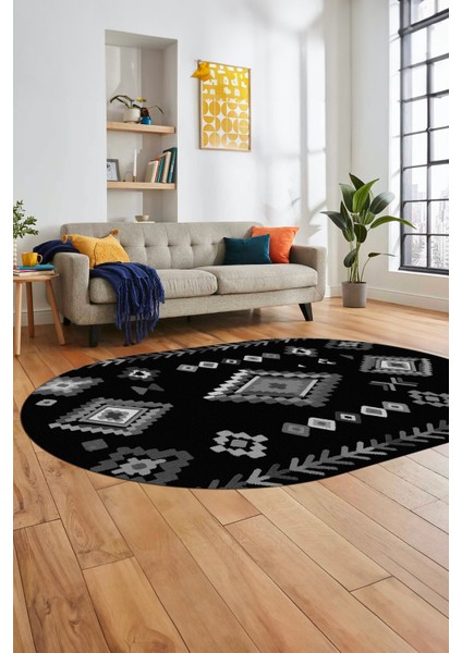 Iskandinav Tasarım Kaymaz Yıkanabilir Oval Yolluk Mutfak Salon Halısı, O-Iskandinav-15-Antrasit,