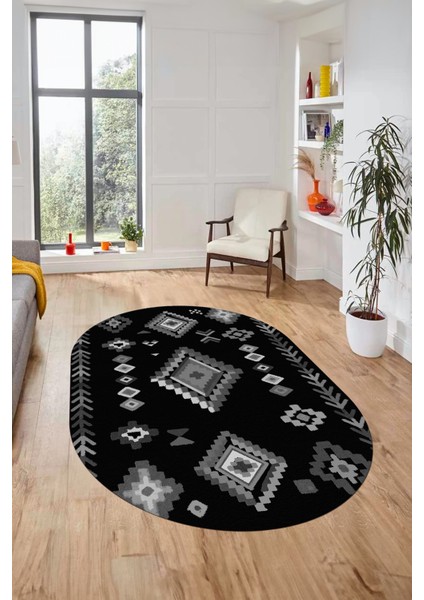 Iskandinav Tasarım Kaymaz Yıkanabilir Oval Yolluk Mutfak Salon Halısı, O-Iskandinav-15-Antrasit,