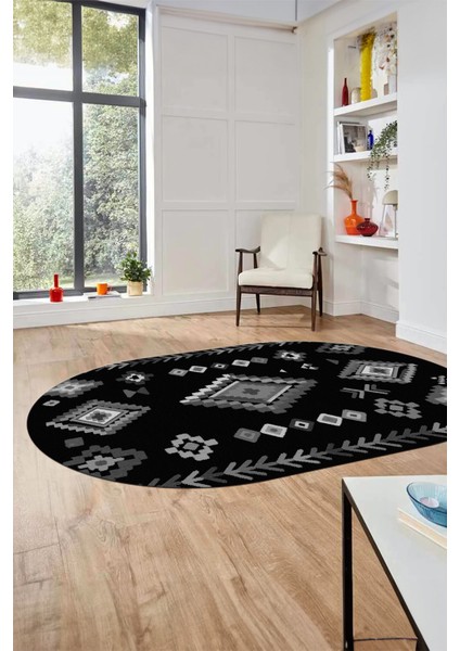 Iskandinav Tasarım Kaymaz Yıkanabilir Oval Yolluk Mutfak Salon Halısı, O-Iskandinav-15-Antrasit,